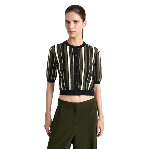 Cue Olive Textured Stripe Short Sleeve Cardigan